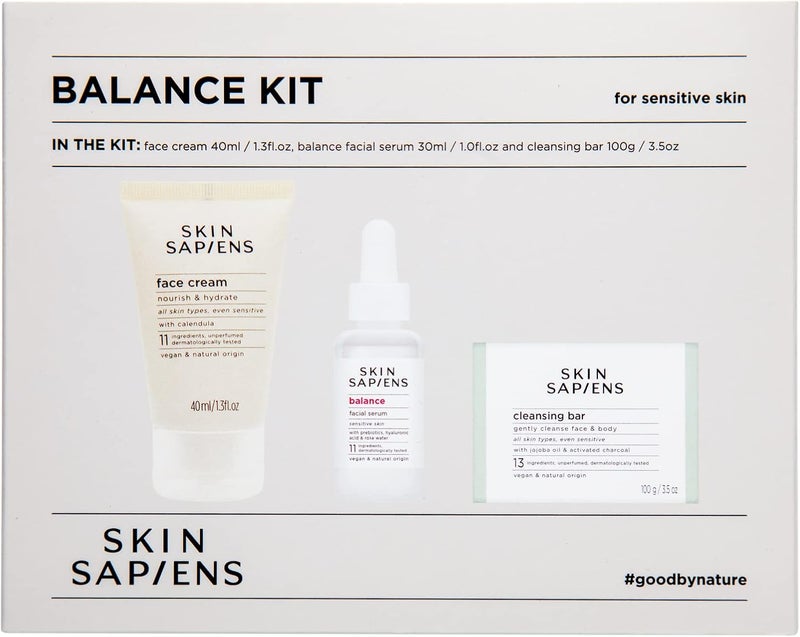 مجموعة توازن SKIN SAPIENS للبشرة الحساسة - معتمدة من Ecocert Cosmos Natural، خالية من القسوة ونباتية، صابون خالي من المواد المنظفة، بار تنظيف، كريم ترطيب، سيروم توازن للوجه