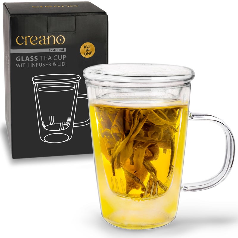 Creano Tea Glass 400 ml â€“ Large Tea Cup with Strainer and Glass Lid â€“ An ideal Tea Maker - Image 1