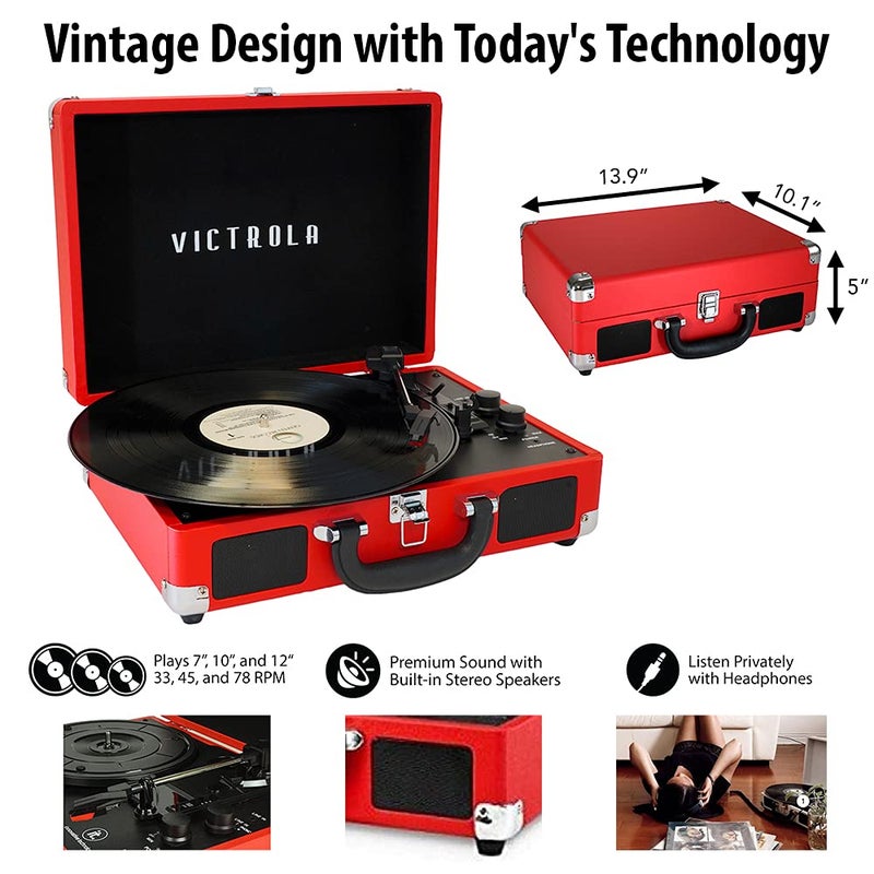 Victrola Vintage 3-Speed Bluetooth Portable Suitcase Record Player with Built-in Speakers | Upgraded Turntable Audio Sound|Red, Model Number: VSC-550BT-RD - Image 3