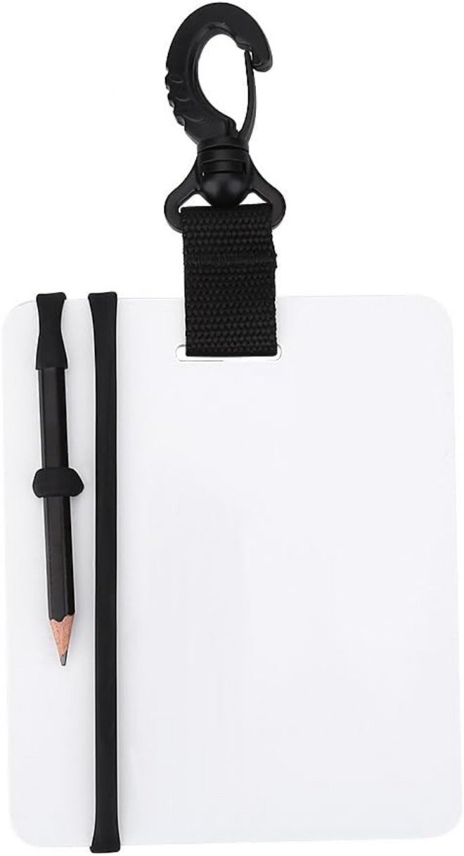 Underwater Writing Slate Board with Swivel Clip and Pencil, White Plastic, 6x5 Inch - Reusable, Floaty Rubber Tube, Ideal for Diving and Swimming - Image 1