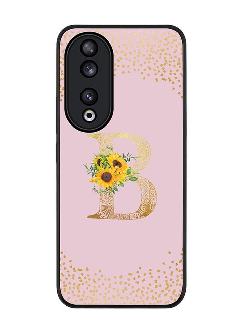 Rugged Black edge case for Honor 90 5G, Slim fit Flexible Anti Drop Thin Cover - Custom Monogram Initial Letter Floral Pattern Alphabet - B  (Pink )