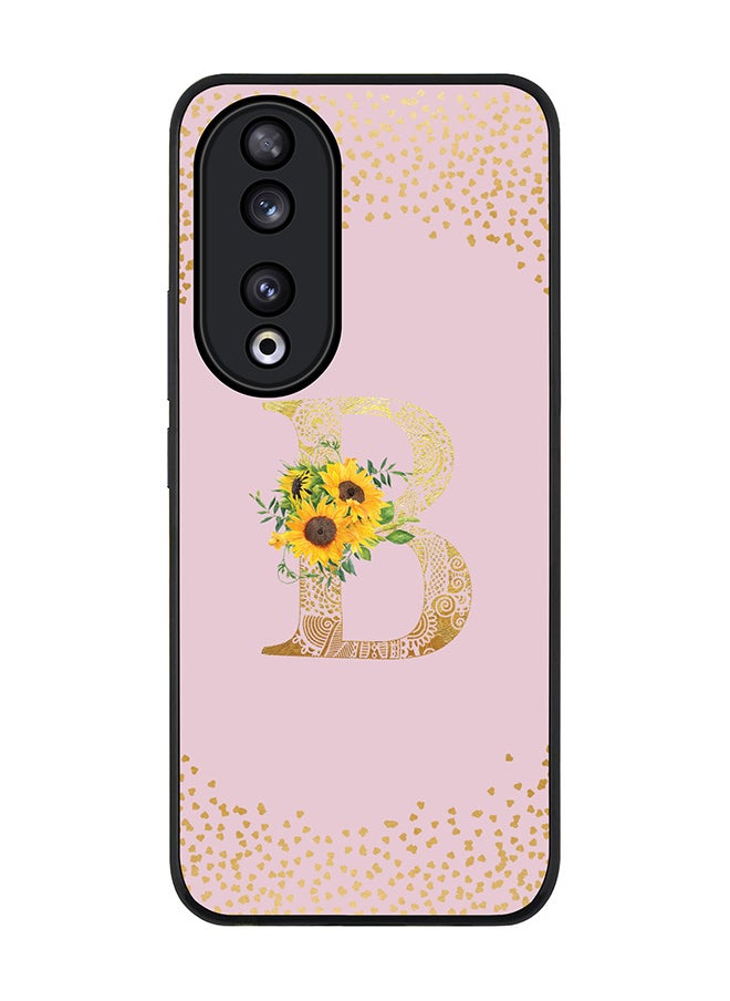 Rugged Black edge case for Honor 90 5G, Slim fit Flexible Anti Drop Thin Cover - Custom Monogram Initial Letter Floral Pattern Alphabet - B  (Pink )