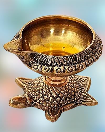 Puja N Pujari Puja N Pujari Brass Kubera Akhand Diya with Turtle Stand Gold_1 Inch X 2 Inch X 25 Inch 