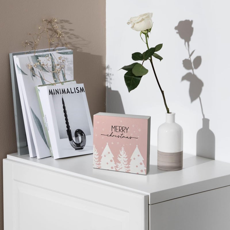 kunlisa kunlisa Pink Christmas Wooden Box Signs Pink Christmas Sign Pink Christmas Decorations Christmas Tree Sign Merry Christmas Sign Christmas Signs for Home Decor 5x5 Inch - Image 3