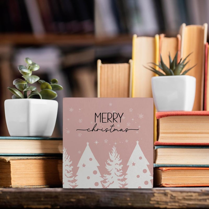 kunlisa kunlisa Pink Christmas Wooden Box Signs Pink Christmas Sign Pink Christmas Decorations Christmas Tree Sign Merry Christmas Sign Christmas Signs for Home Decor 5x5 Inch - Image 4
