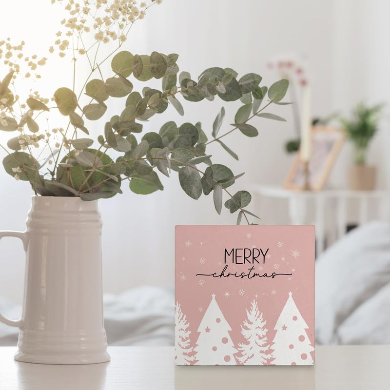 kunlisa kunlisa Pink Christmas Wooden Box Signs Pink Christmas Sign Pink Christmas Decorations Christmas Tree Sign Merry Christmas Sign Christmas Signs for Home Decor 5x5 Inch - Image 5