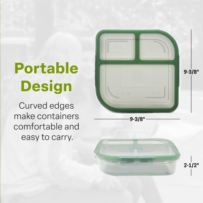 MyGo Container Large To-Go 3-Compartment Food Container, 9.4" X 9.4" X 2.5", Reusable, Microwave Safe, NSF Certified, Smoke/Green - Image 2