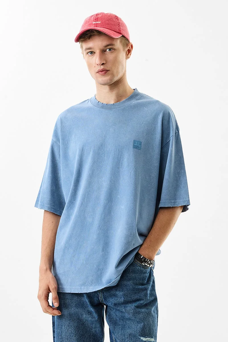 سنيتش Blue Solid Half Sleeve Oversized T-Shirt