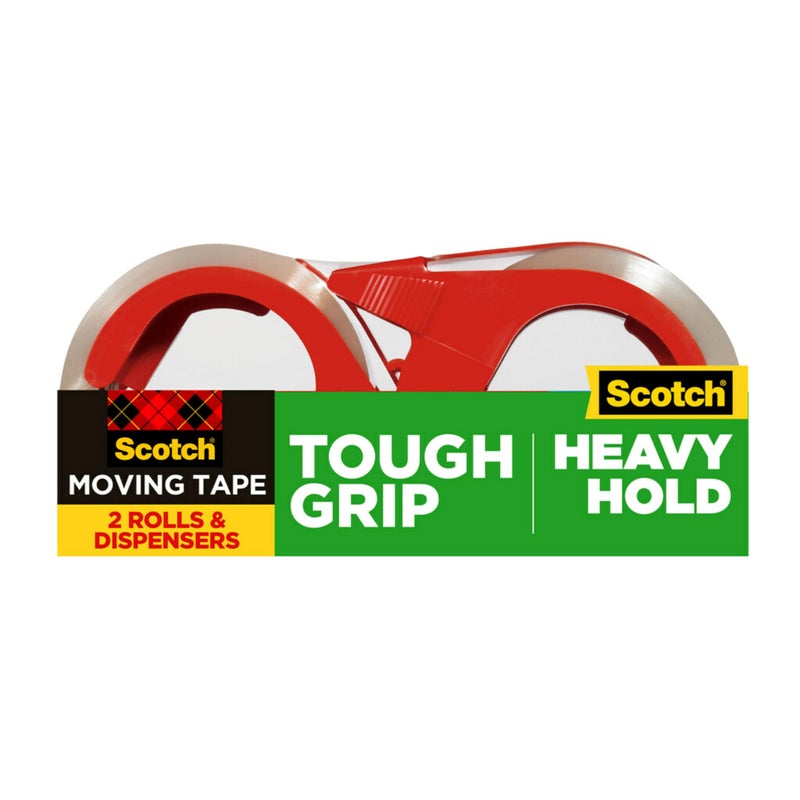Scotch Tough Grip Moving Packaging Tape, 1.88" x 54.6 yd, Strong Hold on All Box Types Including Recycled, Secures Boxes up to 80 lbs, 3" Core, Clear, 2 Rolls with 1 Dispenser (3500-2-1RD) - Image 1