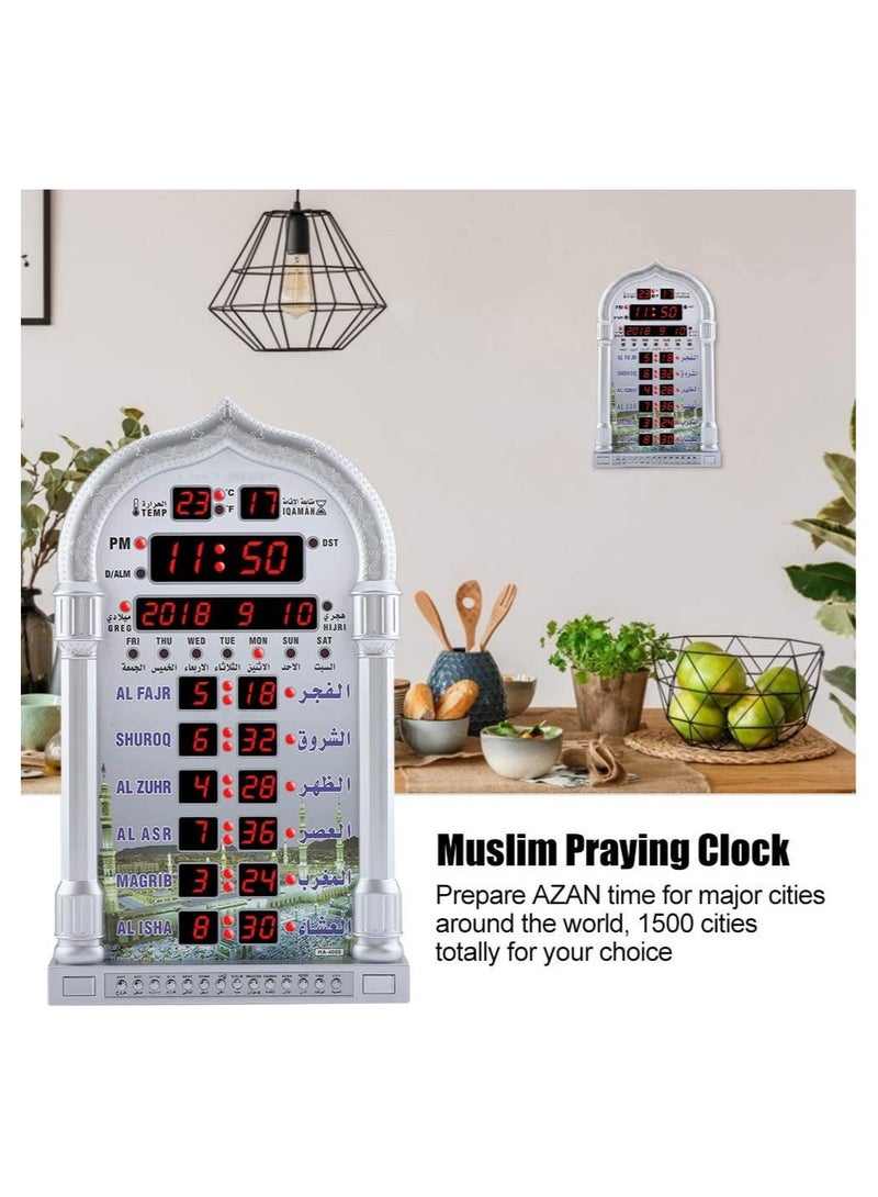 Digital Azan Clock with Charger and Remote ,Desktop dgital clcok Wall Clock, Islamic Clock，Led Prayer Clock for Read Home/Office/Mosque Digital Azan Clock/Decorative Clock Silver 23x5x39 cm  - Image 3