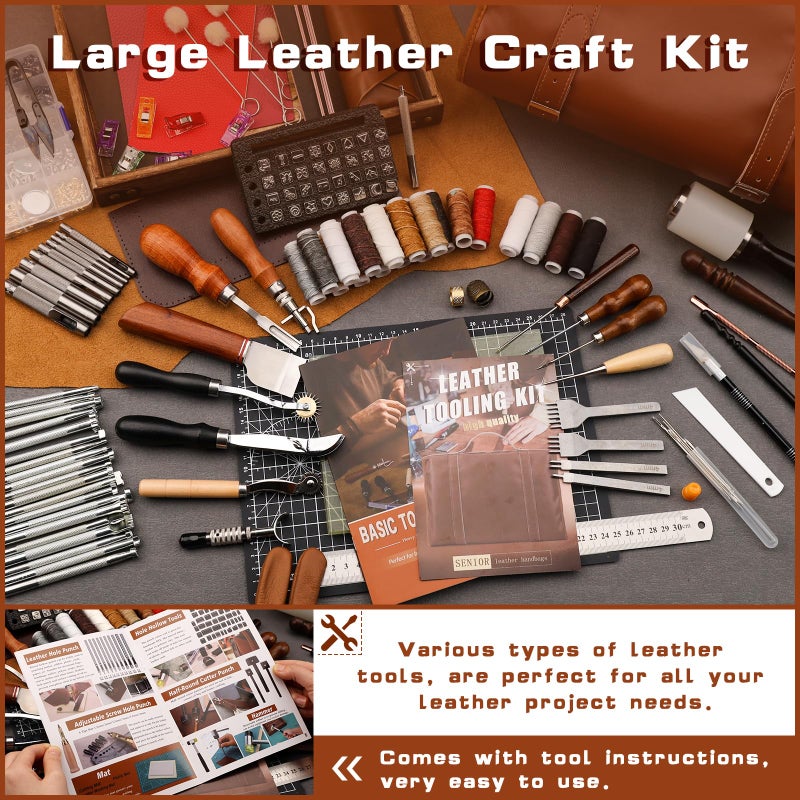 TLKKUE Leather Tooling Kit Leather Craft Tools Leatherworking Kit with Custom Handbag Cutting Mats Engraving Punching Sewing Stamping Sanding Tools for Handicraft Work Professional - Image 3