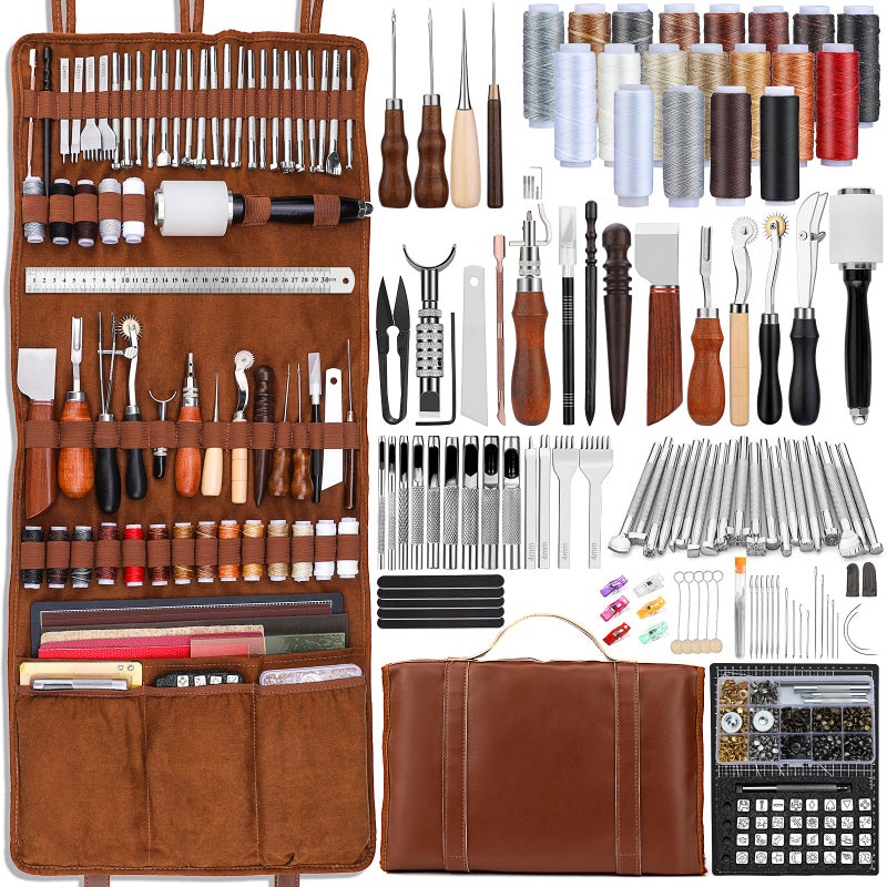 TLKKUE Leather Tooling Kit Leather Craft Tools Leatherworking Kit with Custom Handbag Cutting Mats Engraving Punching Sewing Stamping Sanding Tools for Handicraft Work Professional - Image 1