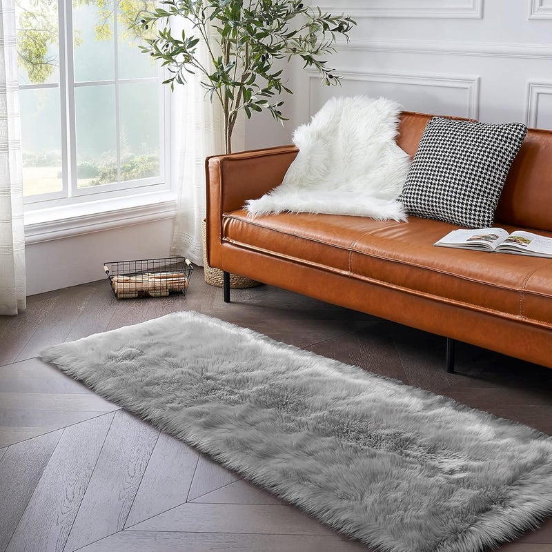 Ciicool Faux Fur Rug for Bedroom, Grey Fluffy Shag for Sofa Couch Seat Cushion, Washable Fuzzy Runner Thick Area Floor Carpets for Bedside Living Room, 2x6 Ft Rectangle - Image 3