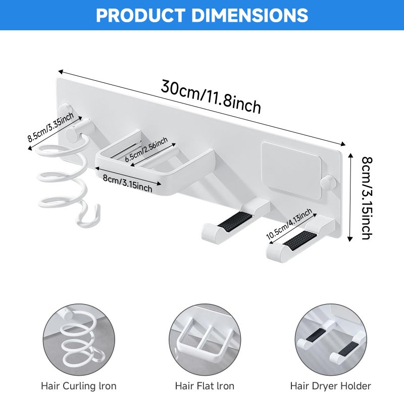 HOHOWU Hair Dryer Holder Wall Mounted,Blow Dryer, Curling Iron, Straightener Holder 3 in 1 Bathroom Metal Hair Tool Organizer Rack-Matte White-2 - Image 2