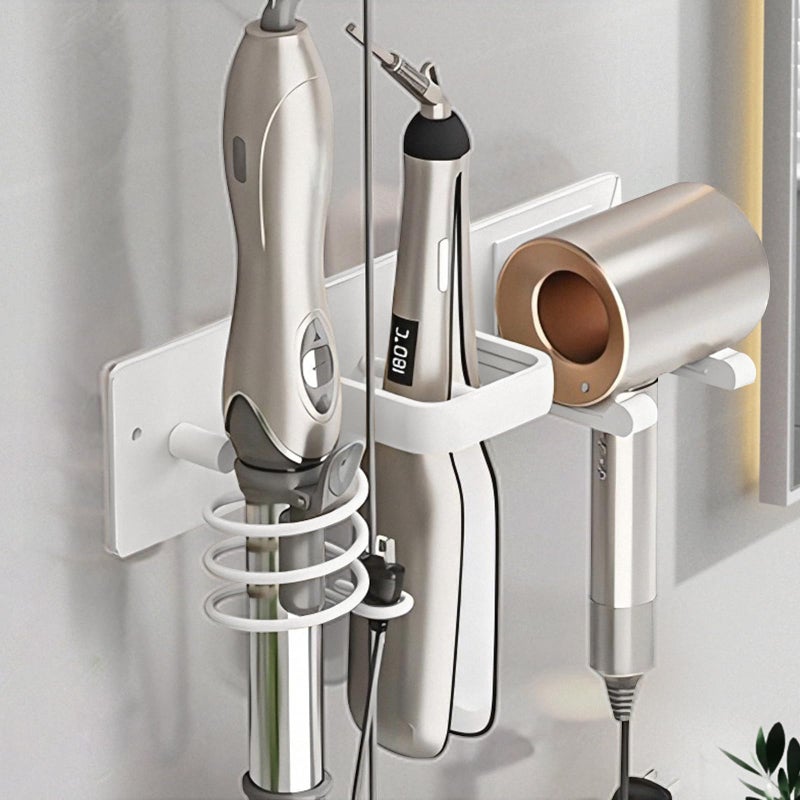 HOHOWU Hair Dryer Holder Wall Mounted,Blow Dryer, Curling Iron, Straightener Holder 3 in 1 Bathroom Metal Hair Tool Organizer Rack-Matte White-2 - Image 1