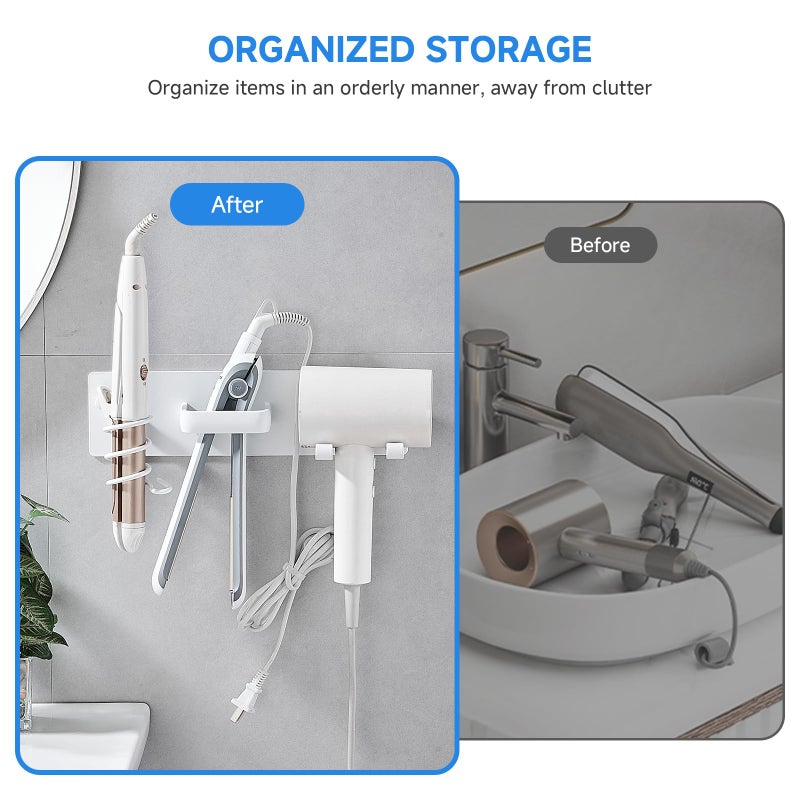 HOHOWU Hair Dryer Holder Wall Mounted,Blow Dryer, Curling Iron, Straightener Holder 3 in 1 Bathroom Metal Hair Tool Organizer Rack-Matte White-2 - Image 4