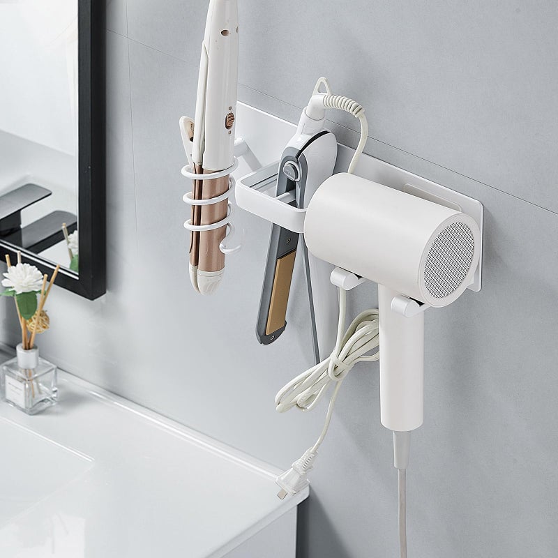 HOHOWU Hair Dryer Holder Wall Mounted,Blow Dryer, Curling Iron, Straightener Holder 3 in 1 Bathroom Metal Hair Tool Organizer Rack-Matte White-2 - Image 3