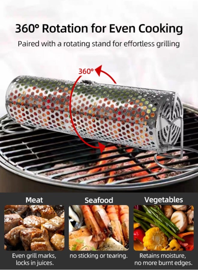 Stainless Steel BBQ Grill Basket, BBQ Grill Net, BBQ Cage Grilling Basket, BBQ Accessories Tools, Metal BBQ Skewers, 360° Rotating, Non-Stick,  0.5mm Thicken Stainless Steel, Rolling Cylinder Portable Grill Basket for Meat,Fish,Seafood,Vegetables, with Stand, Fork, Hook & Brush, 30cm, 1 Piece - Image 2