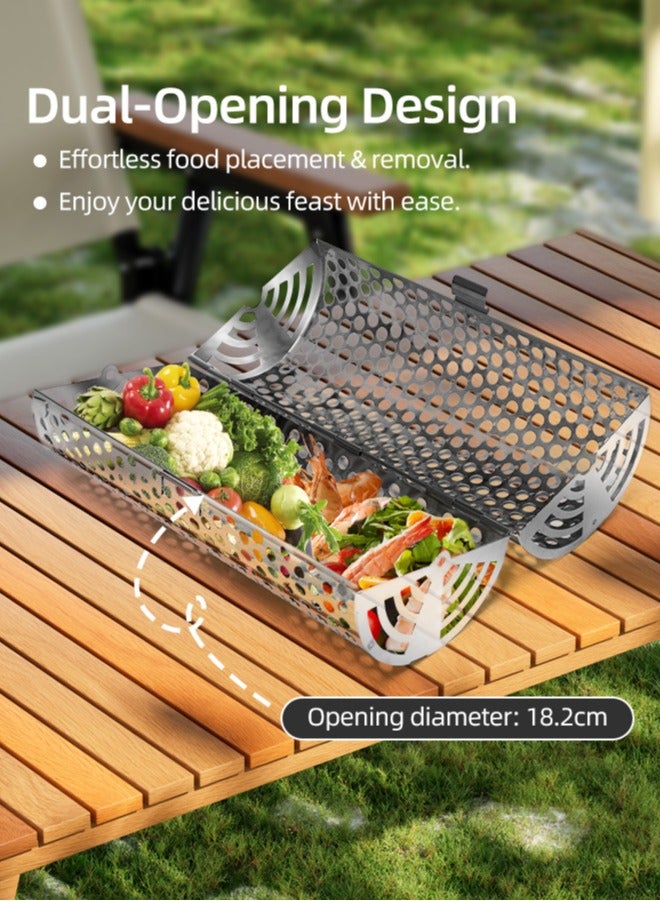 Stainless Steel BBQ Grill Basket, BBQ Grill Net, BBQ Cage Grilling Basket, BBQ Accessories Tools, Metal BBQ Skewers, 360° Rotating, Non-Stick,  0.5mm Thicken Stainless Steel, Rolling Cylinder Portable Grill Basket for Meat,Fish,Seafood,Vegetables, with Stand, Fork, Hook & Brush, 30cm, 1 Piece - Image 3
