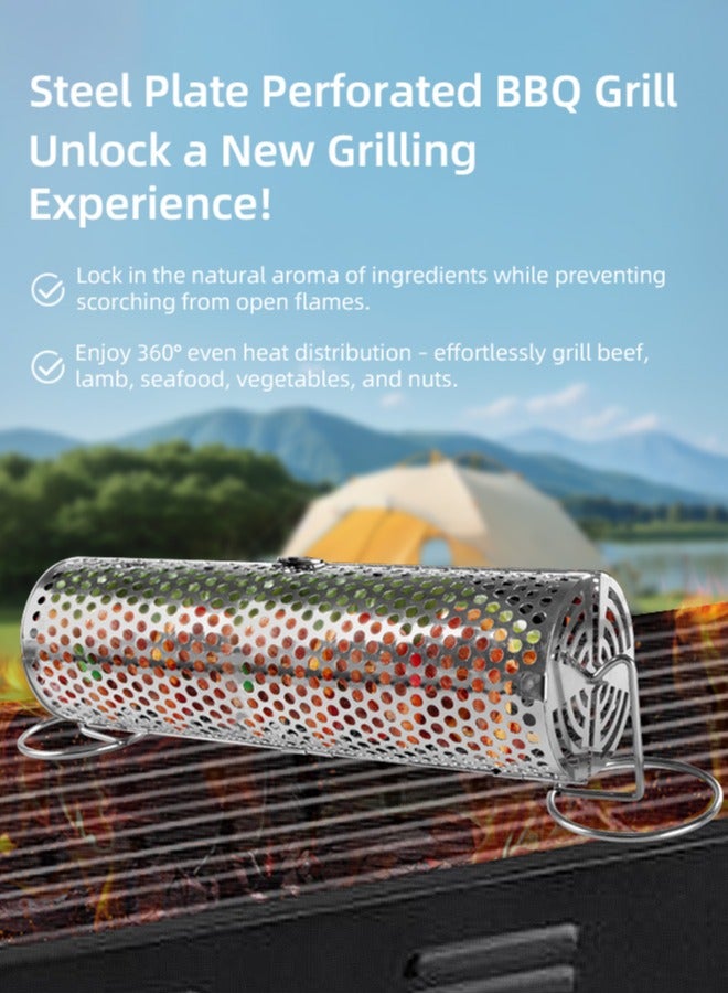 Stainless Steel BBQ Grill Basket, BBQ Grill Net, BBQ Cage Grilling Basket, BBQ Accessories Tools, Metal BBQ Skewers, 360° Rotating, Non-Stick,  0.5mm Thicken Stainless Steel, Rolling Cylinder Portable Grill Basket for Meat,Fish,Seafood,Vegetables, with Stand, Fork, Hook & Brush, 30cm, 1 Piece - Image 1