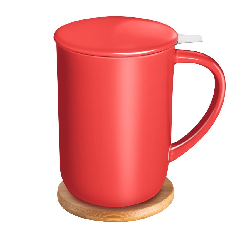 CEEFU Porcelain Tea Mug with Infuser and Lid Teaware with Filter and Coaster Loose Leaf Tea Cup Steeper Maker 16 OZ for Tea Coffee Milk Women Office Home Gift Red