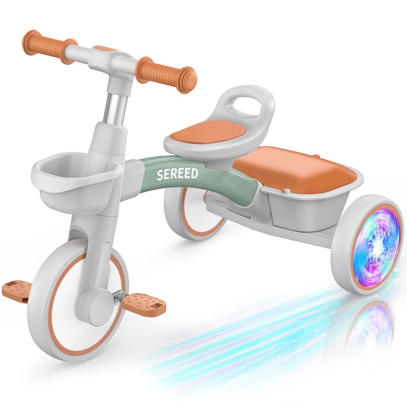 SEREED Colorful Lighting Toddler Tricycle for 25 Years Old Boys Girls Adjustable SeatHandlebar Trike Removable Basket Birthday Gift Idea for Kids Ages 2 Green - Image 2