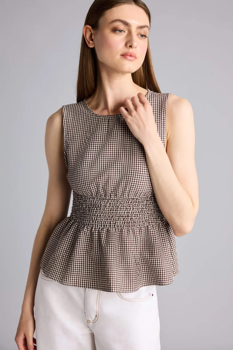DeFacto Slim Fit Square Collar Gingham Sleeveless Blouse