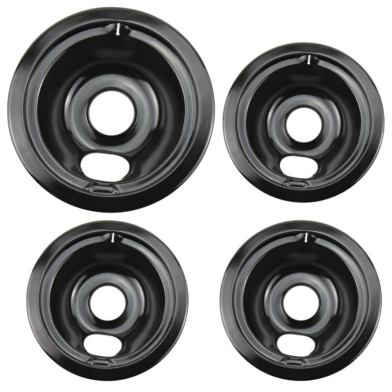 WB31M19 WB31M20 Porcelain Drip Pans by Blutoget Compatible for GE Hotpoint Range Cooktop Includes 3 6Inch and 1 8Inch Pans 4 Pack Black Porcelain Stove Drip Pans for 3 Small Burners 1 Large