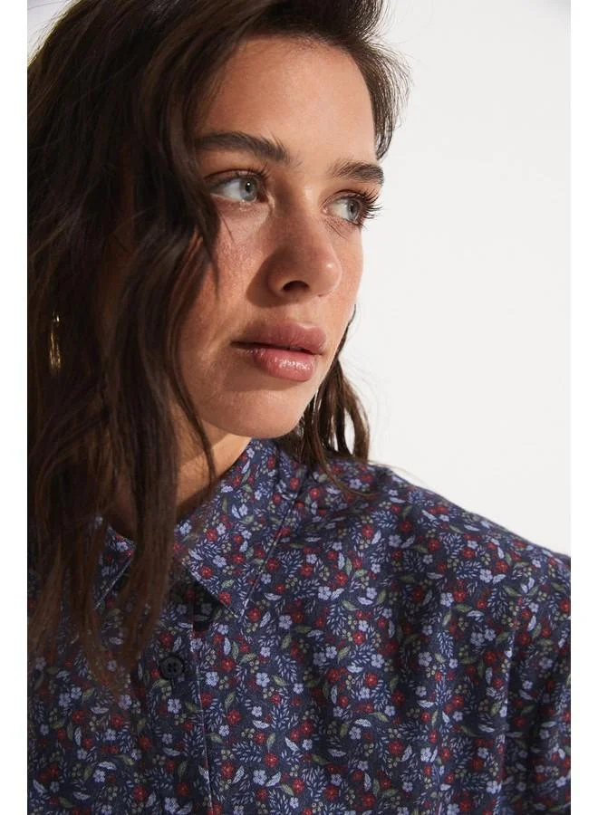 JUNE June Exclusive Floral Patterned Cotton Shirt Dark Navy