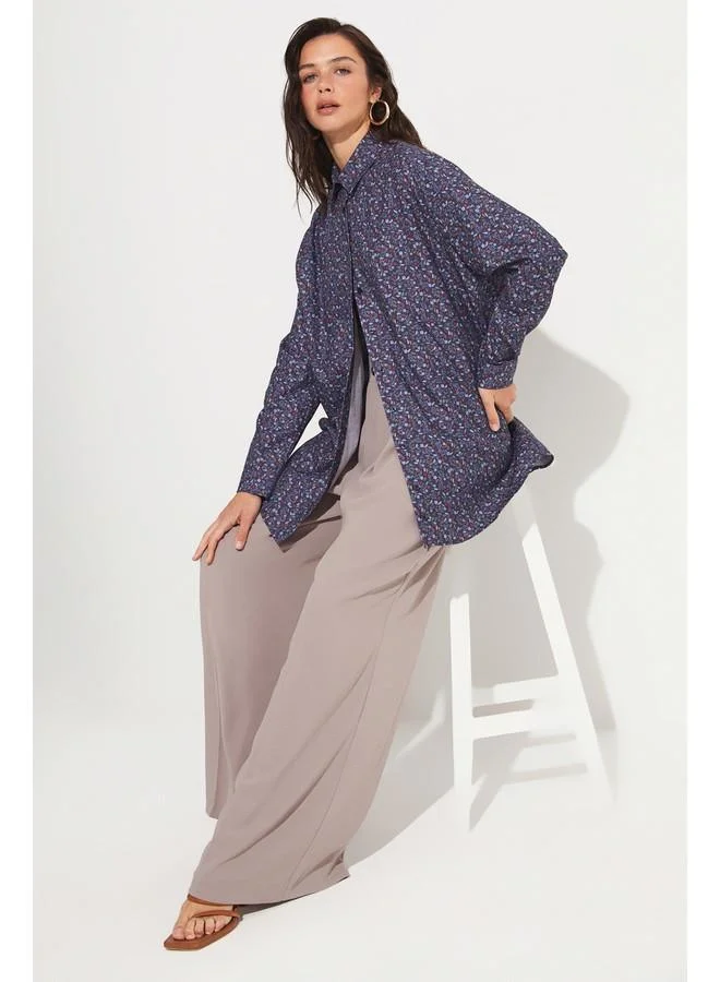 JUNE June Exclusive Floral Patterned Cotton Shirt Dark Navy