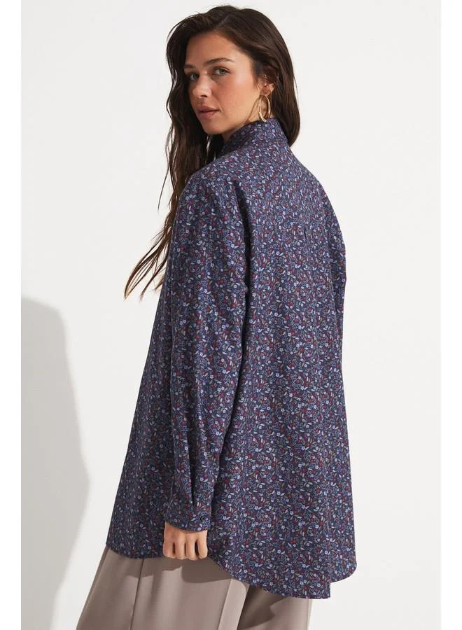JUNE June Exclusive Floral Patterned Cotton Shirt Dark Navy