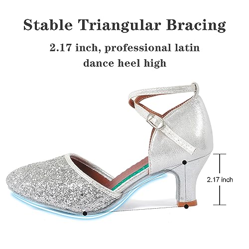 iCKER Womens Latin Dance Shoes Heeled Ballroom Salsa Tango Party Sequin Dance Shoes Silver 9 - Image 2
