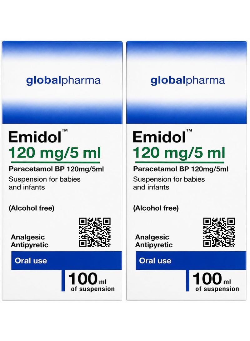 globalpharma Pack Of 2 Emidol Paracetamol 120 mg/5 ml – 100 ml Suspension - Image 1
