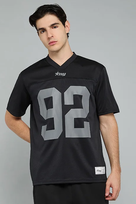 R&B Typography Print T-Shirt with V-Neck and Short Sleeves