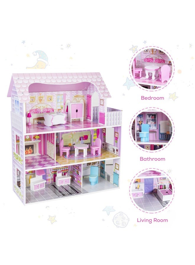 Little Story بيت الدمى الخشبي من ليتل ستوري - قلعة فيلا ثلاثية الطوابق مع أثاث وإكسسوارات - وردي - Image 5