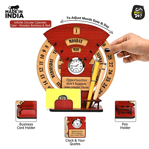 Gift Kya De GKD Lifetime Wooden Desk Calendar 2026 with Clock & Desk Organizer | Reusable Infinite Calendar | Office & Home Desk Decor | Corporate Gift (Red Eco-friendly) - Image 2