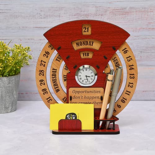 Gift Kya De GKD Lifetime Wooden Desk Calendar 2026 with Clock & Desk Organizer | Reusable Infinite Calendar | Office & Home Desk Decor | Corporate Gift (Red Eco-friendly) - Image 1