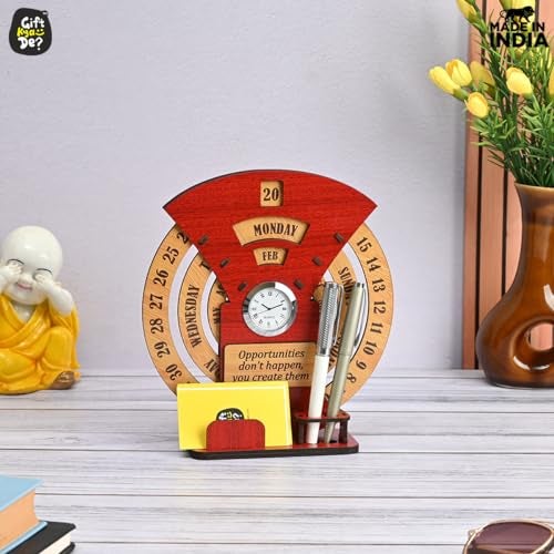 Gift Kya De GKD Lifetime Wooden Desk Calendar 2026 with Clock & Desk Organizer | Reusable Infinite Calendar | Office & Home Desk Decor | Corporate Gift (Red Eco-friendly) - Image 4