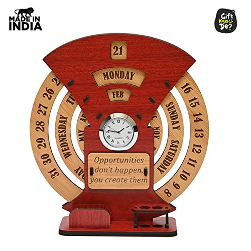 Gift Kya De GKD Lifetime Wooden Desk Calendar 2026 with Clock & Desk Organizer | Reusable Infinite Calendar | Office & Home Desk Decor | Corporate Gift (Red Eco-friendly) - Image 3