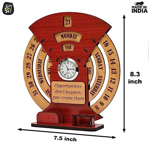 Gift Kya De GKD Lifetime Wooden Desk Calendar 2026 with Clock & Desk Organizer | Reusable Infinite Calendar | Office & Home Desk Decor | Corporate Gift (Red Eco-friendly) - Image 5