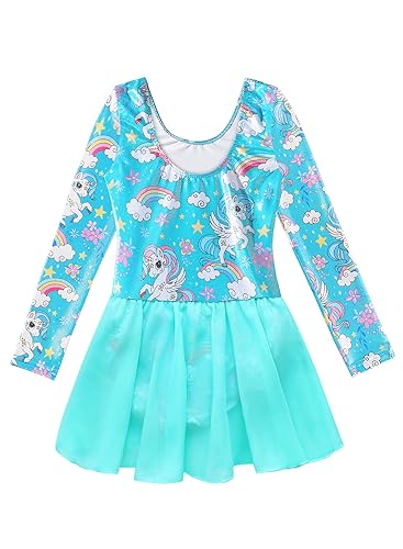 EQSJIU Long Sleeve Dance Leotard for Girls Sparkly Snowflake Ballet Dress Toddler Tutu Skirted Leotard Outfits for Girls, 3-4T, Aquaunicorn - Image 2
