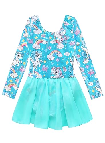 EQSJIU Long Sleeve Dance Leotard for Girls Sparkly Snowflake Ballet Dress Toddler Tutu Skirted Leotard Outfits for Girls, 3-4T, Aquaunicorn - Image 1