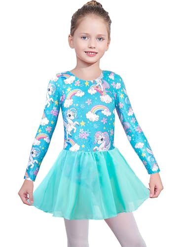 EQSJIU Long Sleeve Dance Leotard for Girls Sparkly Snowflake Ballet Dress Toddler Tutu Skirted Leotard Outfits for Girls, 3-4T, Aquaunicorn - Image 3