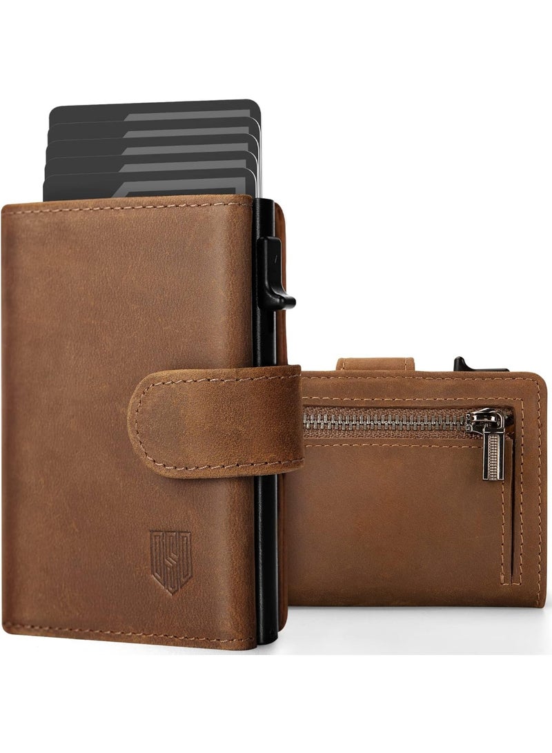 DODENSHA Card Holder Wallet, Genuine Leather RFID Blocking Pop-Up Wallet with Coin Pocket, ID Window, Bill Pocket and Snap Closure Brown - Image 1