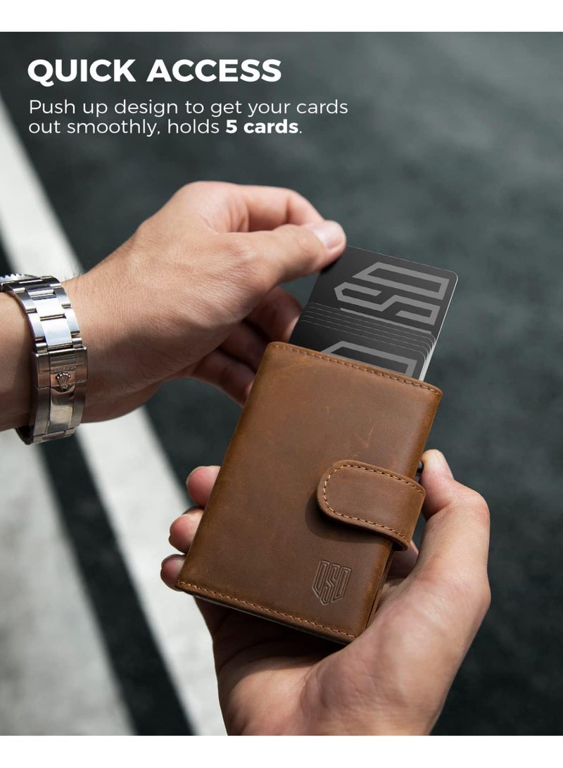 DODENSHA Card Holder Wallet, Genuine Leather RFID Blocking Pop-Up Wallet with Coin Pocket, ID Window, Bill Pocket and Snap Closure Brown - Image 3