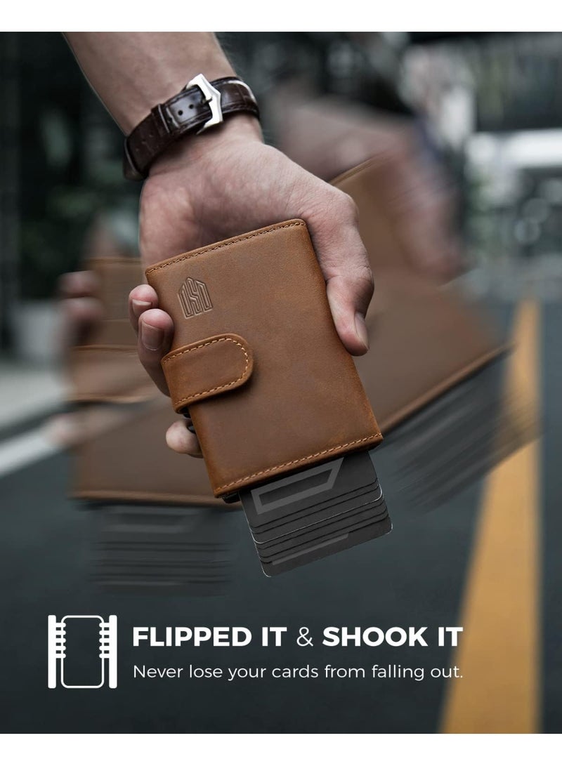 DODENSHA Card Holder Wallet, Genuine Leather RFID Blocking Pop-Up Wallet with Coin Pocket, ID Window, Bill Pocket and Snap Closure Brown - Image 4