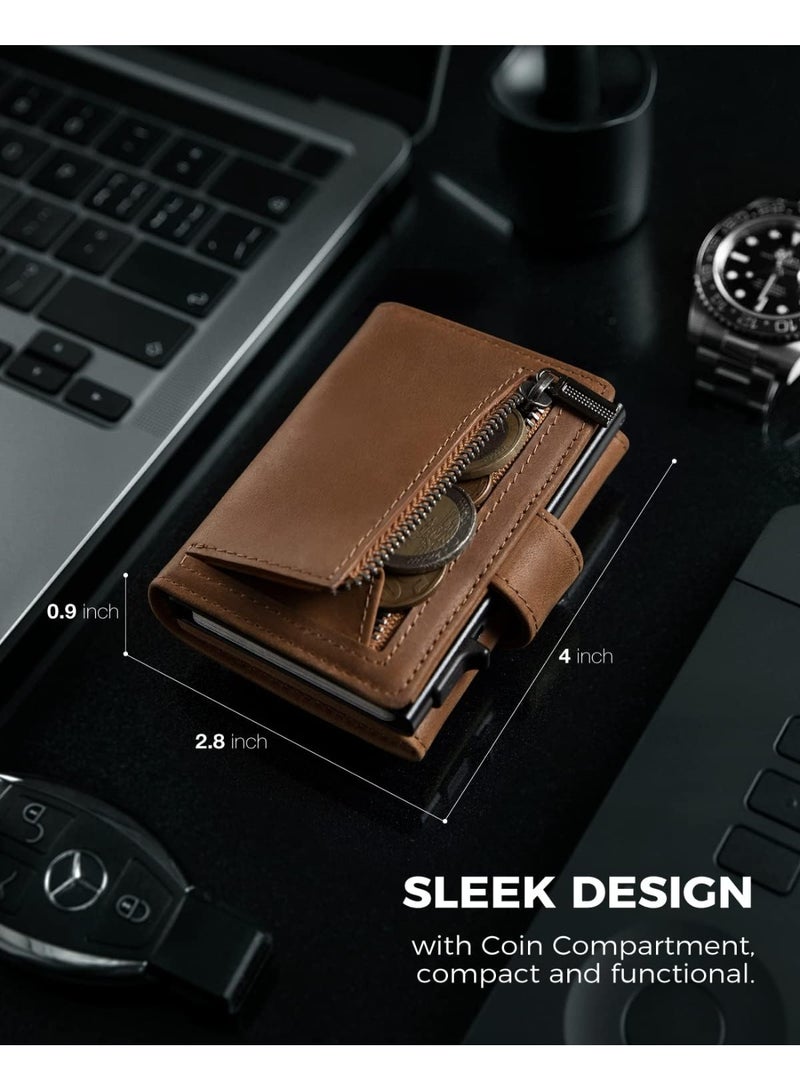 DODENSHA Card Holder Wallet, Genuine Leather RFID Blocking Pop-Up Wallet with Coin Pocket, ID Window, Bill Pocket and Snap Closure Brown - Image 2