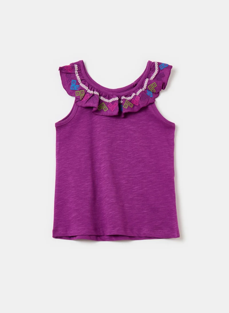 او في اس Cotton Tank Top With Flounce And Embroidery