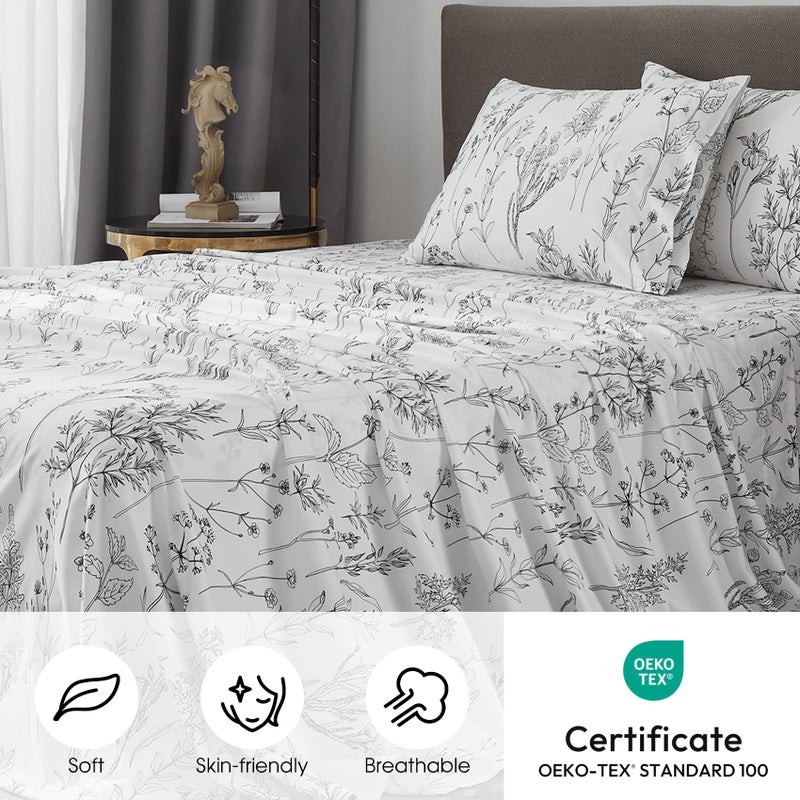 HYPREST Floral Sheets Queen Size,18 inches Deep Pocket Sheets, 1800 Thread Count Black and White Leaf Floral Bed Sheets Soft Breathable Cute Aesthetic Shabby Chic Bed Sheets, Oeko-Tex Certificated. - Image 2