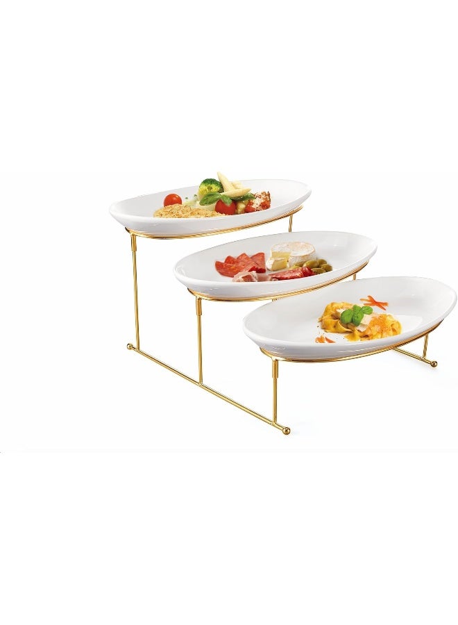Orchid 3 Tier Oval Serving Set With Gold Stand Fruit Bowl For Kitchen Counter Ceramic Serving Bowls With Metal Rack Tiered Fruit Basket For Fruit Vegetable Storage Snack Nuts Cake - Image 2